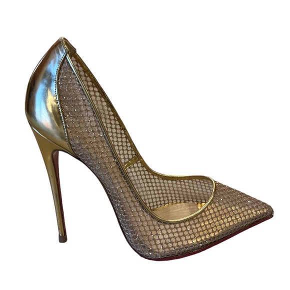 Christian Louboutin Follies Resille Glitter Fishnet High Heels Pumps Gold 8.5 - Picture 8 of 16